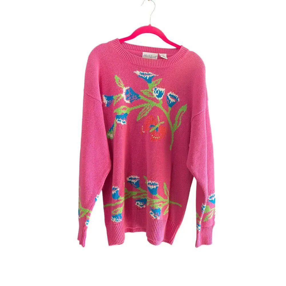 Mark Scot Pink Floral Butterfly Pattern Ribbed Knit Pullover Sweater Size Large